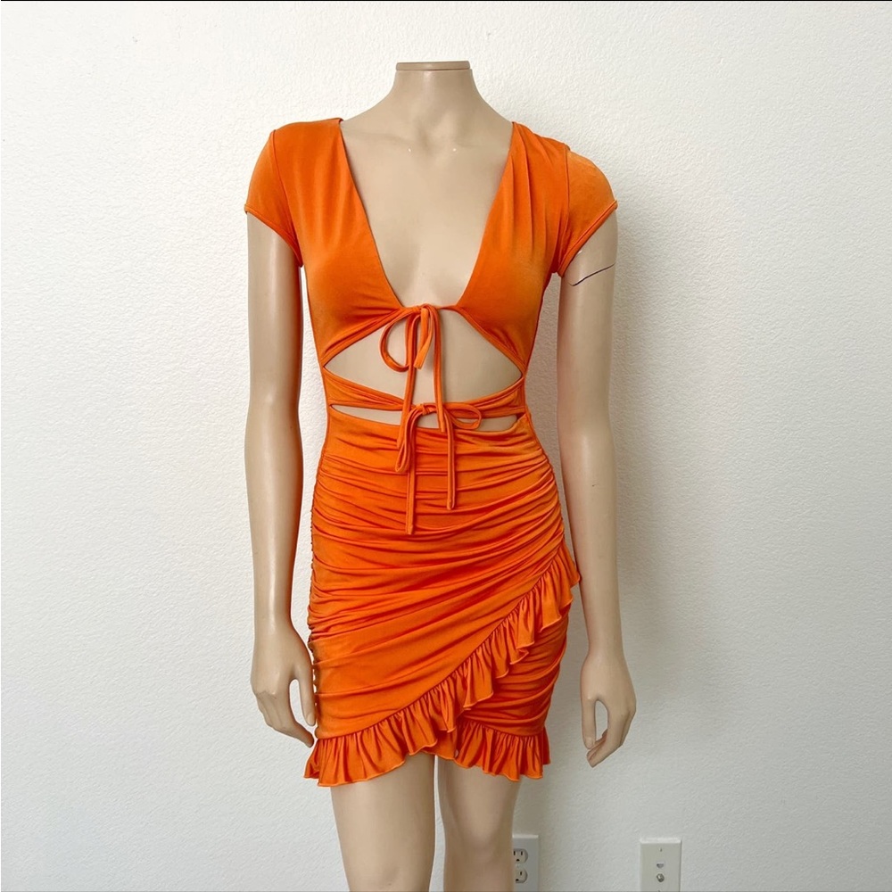 Orange ruched tie cut out mini dress
